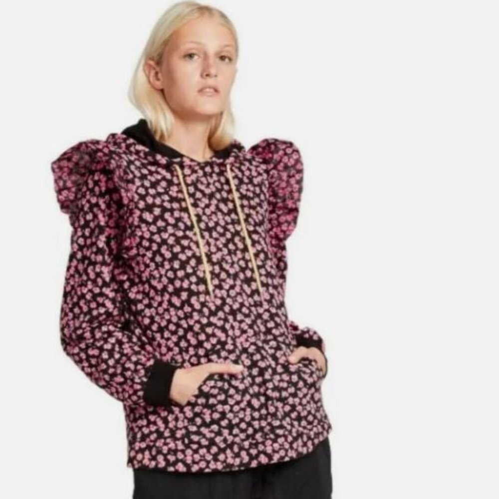 Sandy Liang | Women's Pink Floral Hooded Sweatshirt Pullover Pink Ruffles - Sz M